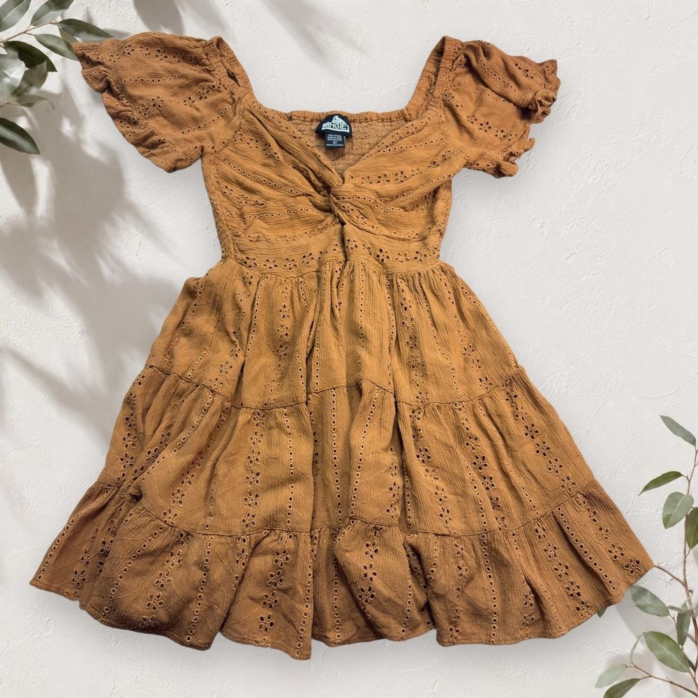 Angie Brown Eyelet Embroidered Tiered Dress L Boho Cottagecore Flutter Sleeve